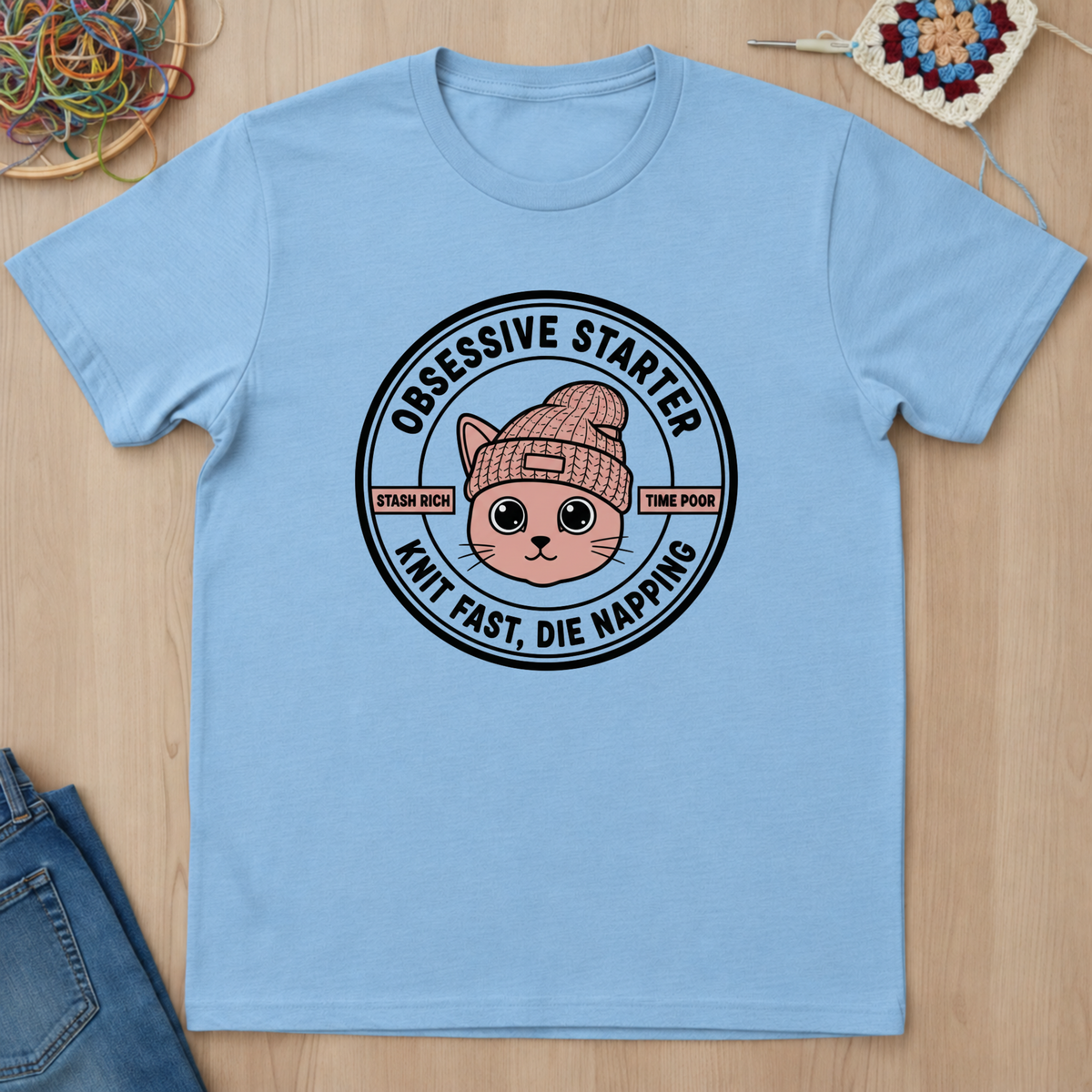 Cat Stamp Knit Fast Die Napping T-Shirt