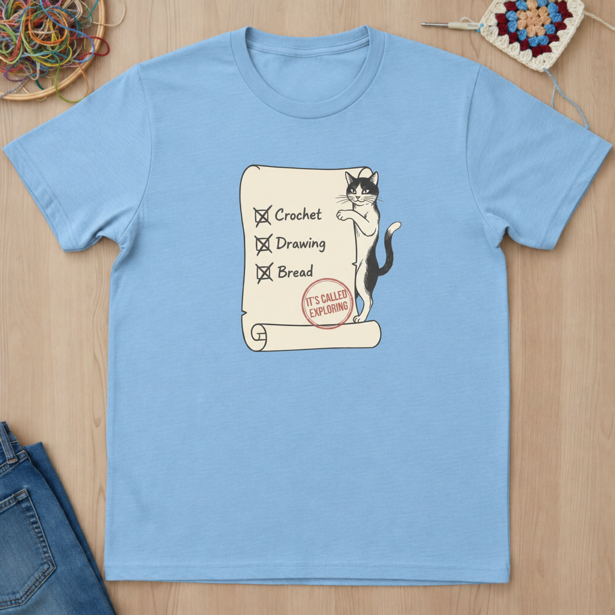 Cat Crochet Drawing Bread Exploring T-Shirt