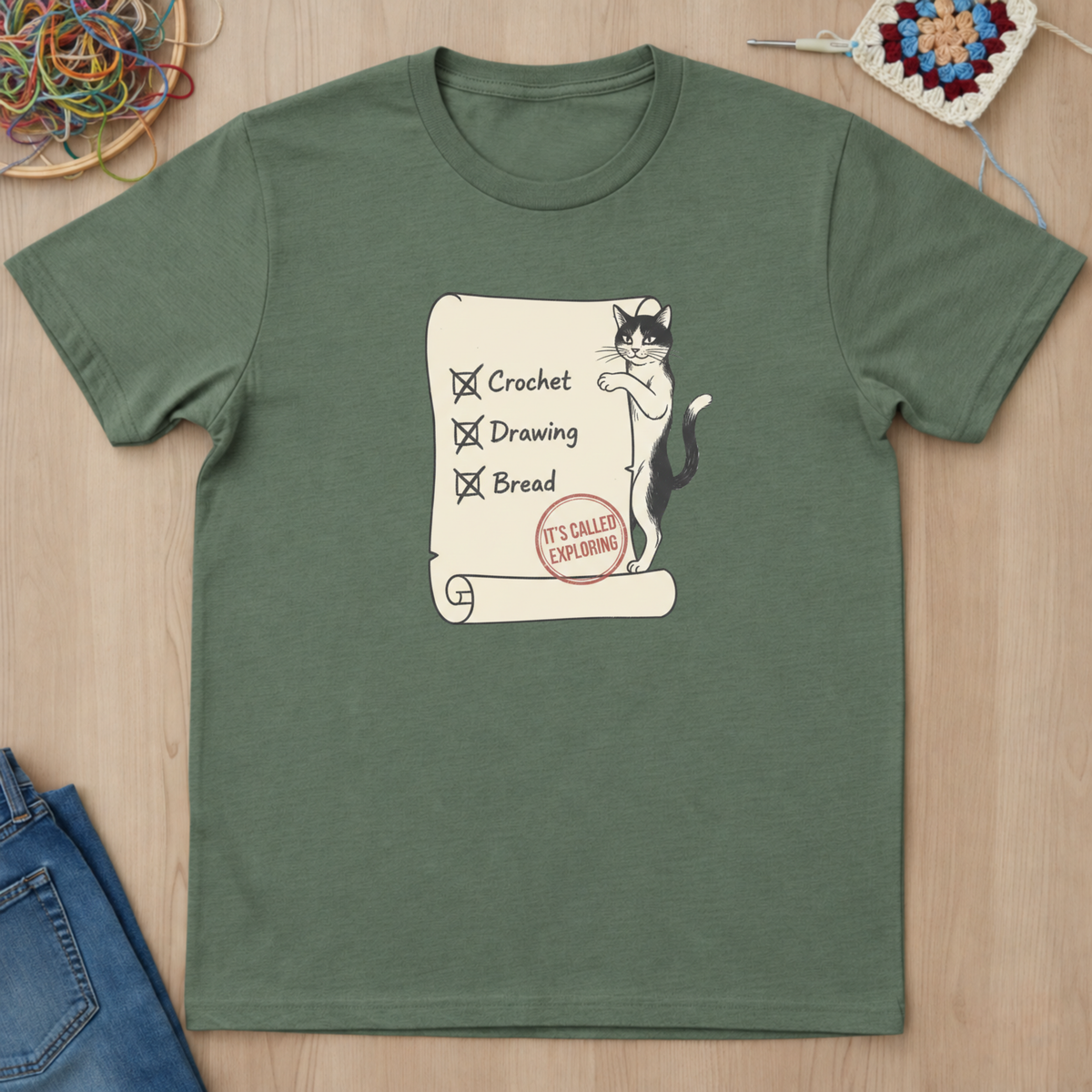 Cat Crochet Drawing Bread Exploring T-Shirt