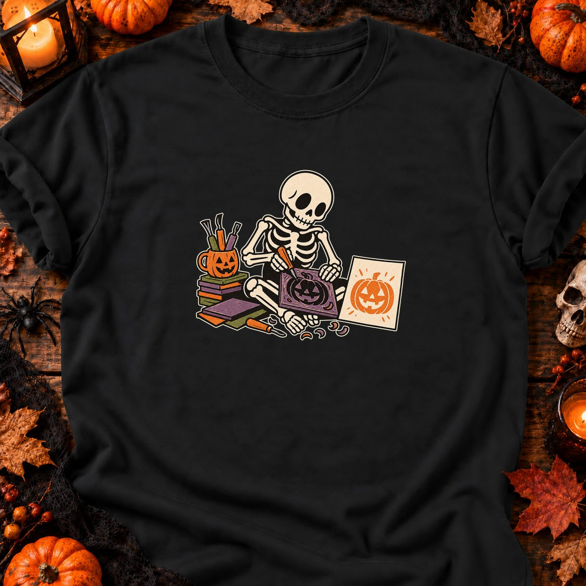 Squelette graveur de citrouille — T-shirt noir