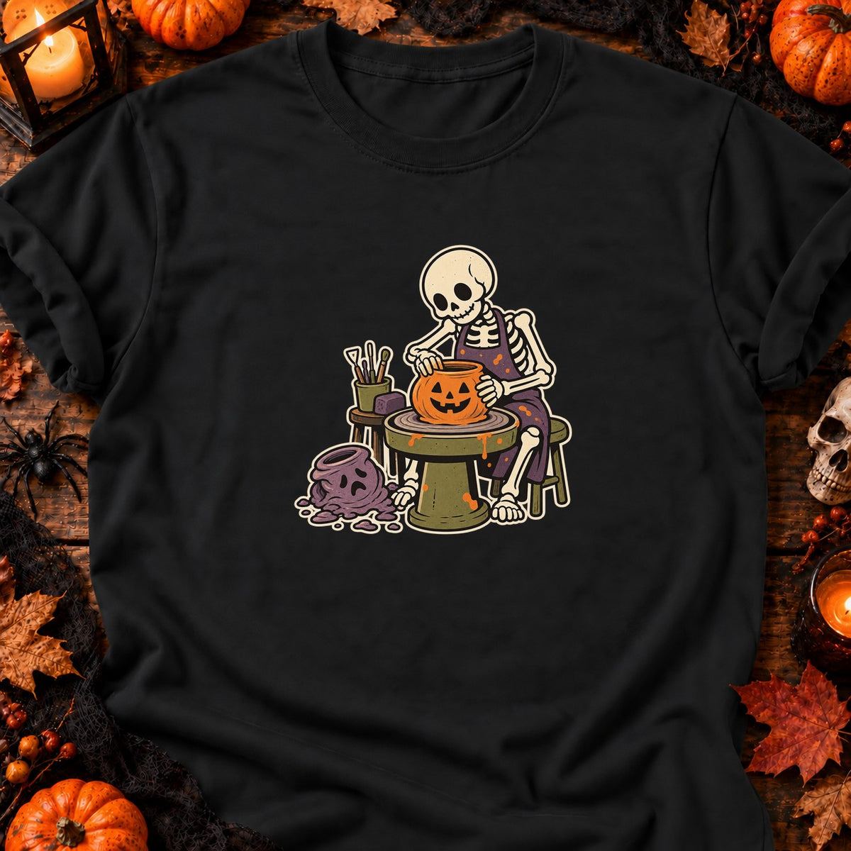 Squelette potier et citrouille — T-shirt noir