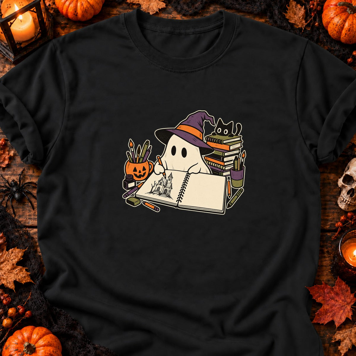 Fantôme dessinateur et carnet vide — T-shirt noir