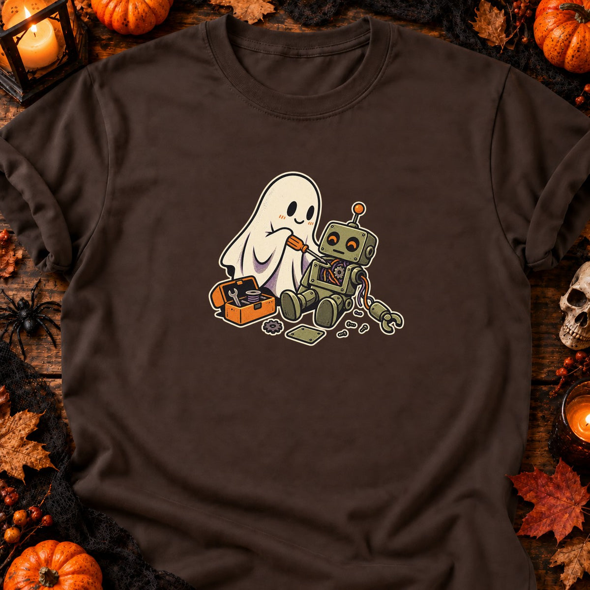 Fantôme réparant un robot — T-shirt chocolat