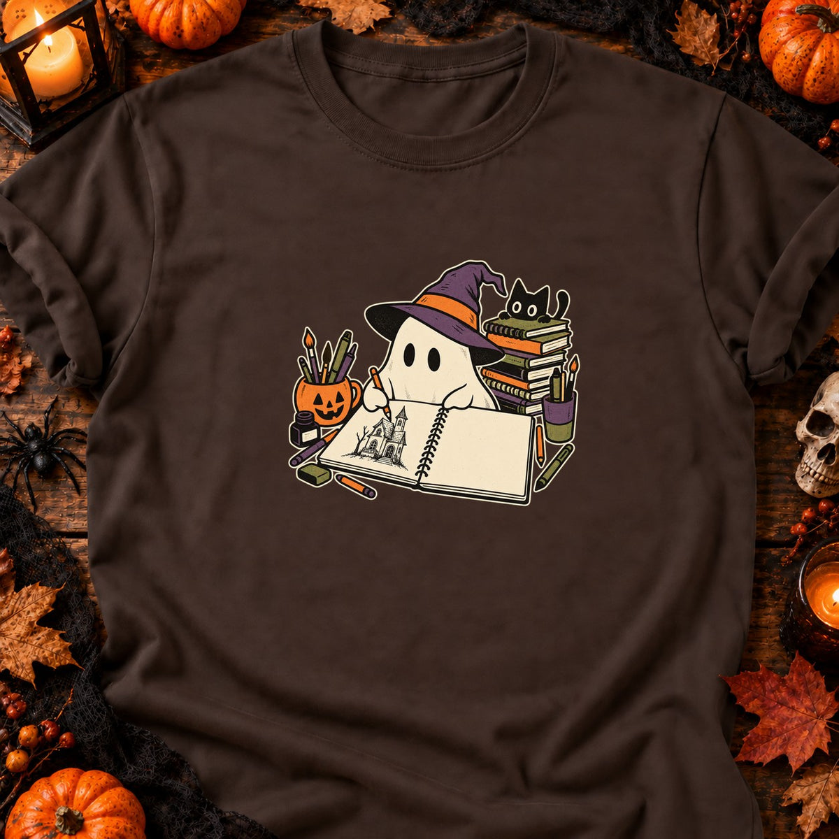 Fantôme dessinateur et carnet vide — T-shirt chocolat