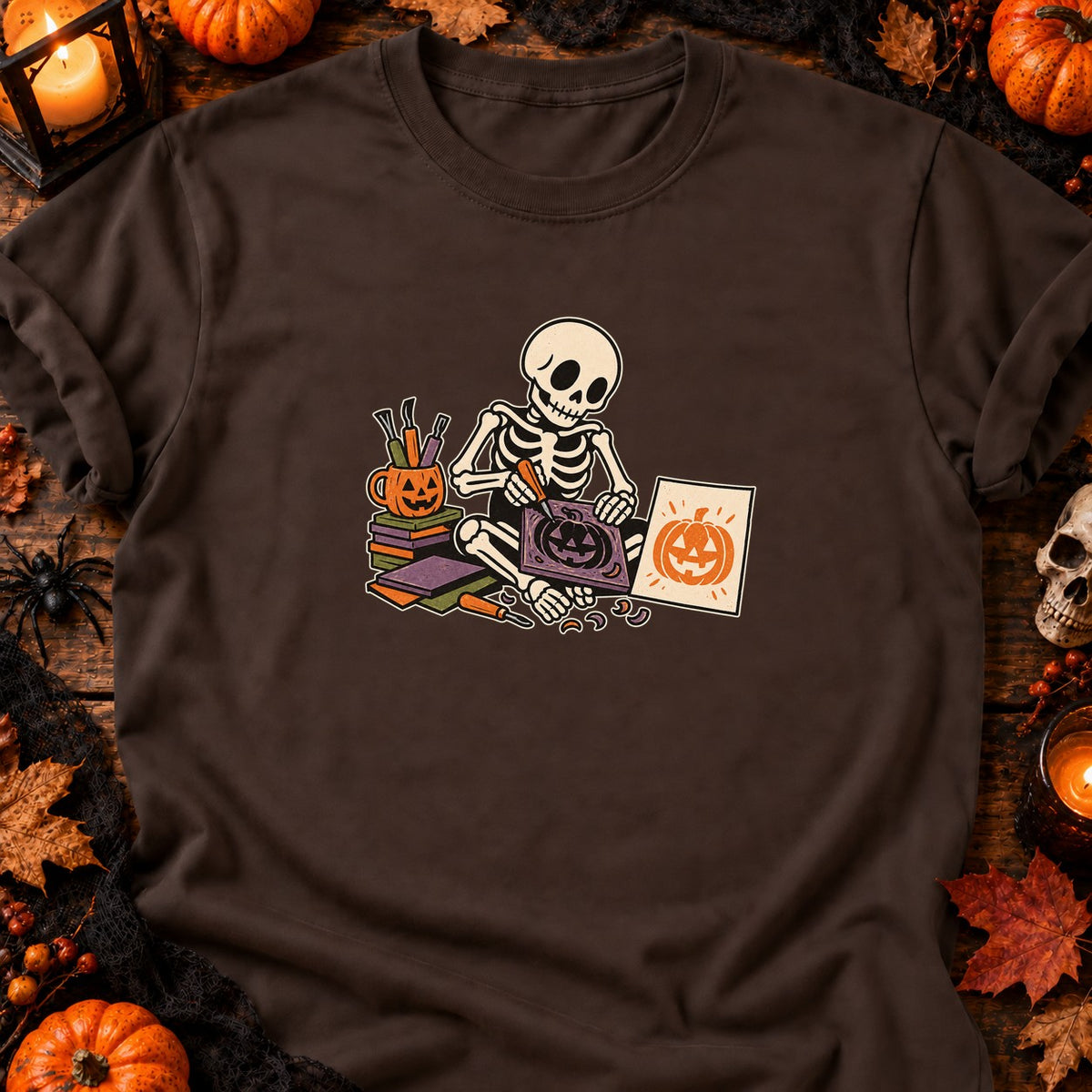 Squelette graveur de citrouille — T-shirt chocolat