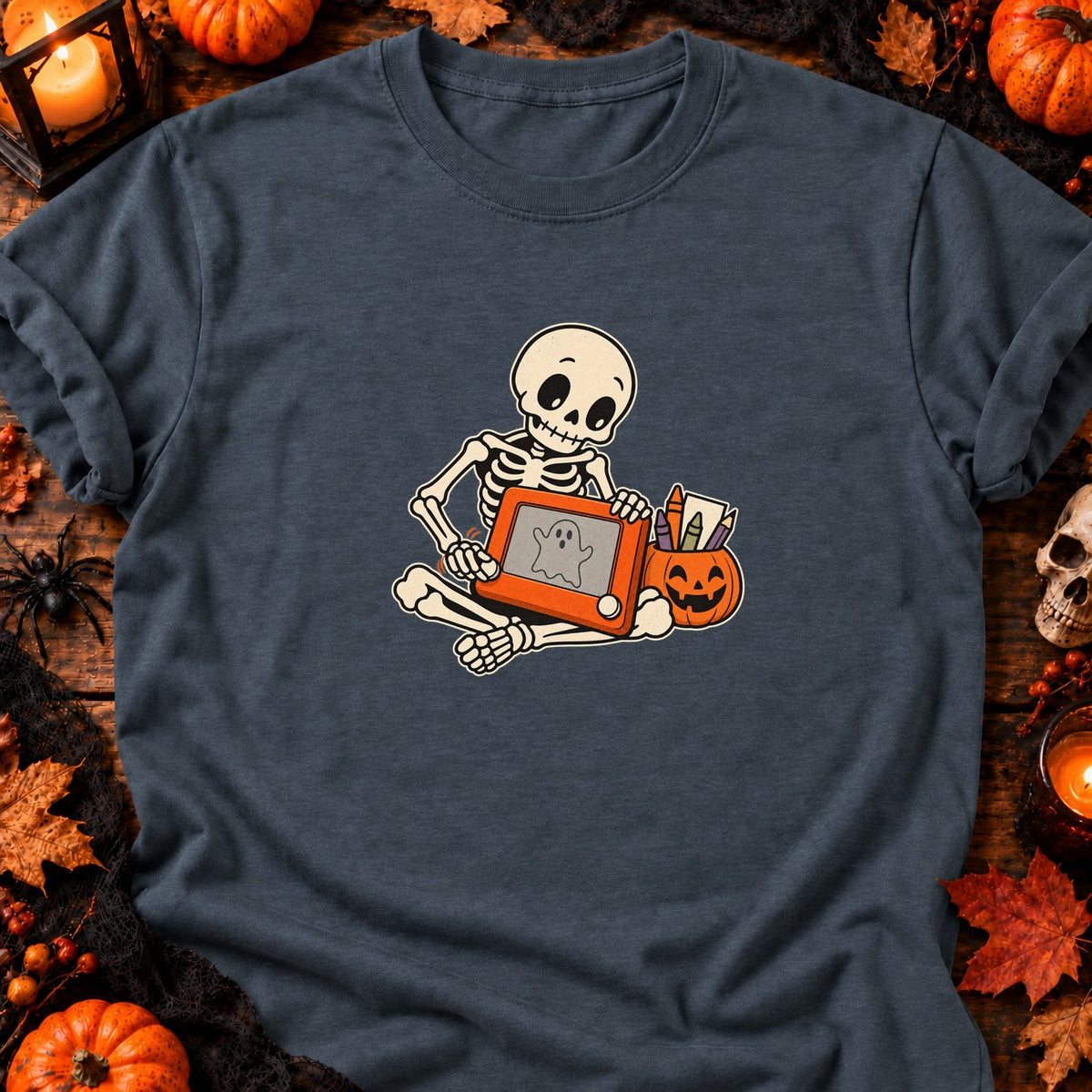 Squelette et tableau magique Halloween — T-shirt gris anthracite chiné