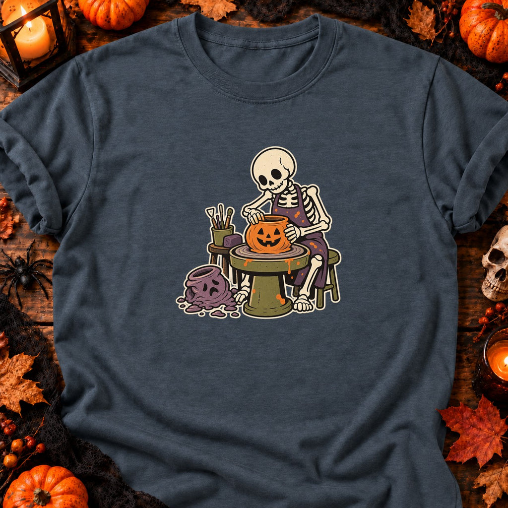 Squelette potier et citrouille — T-shirt gris anthracite chiné