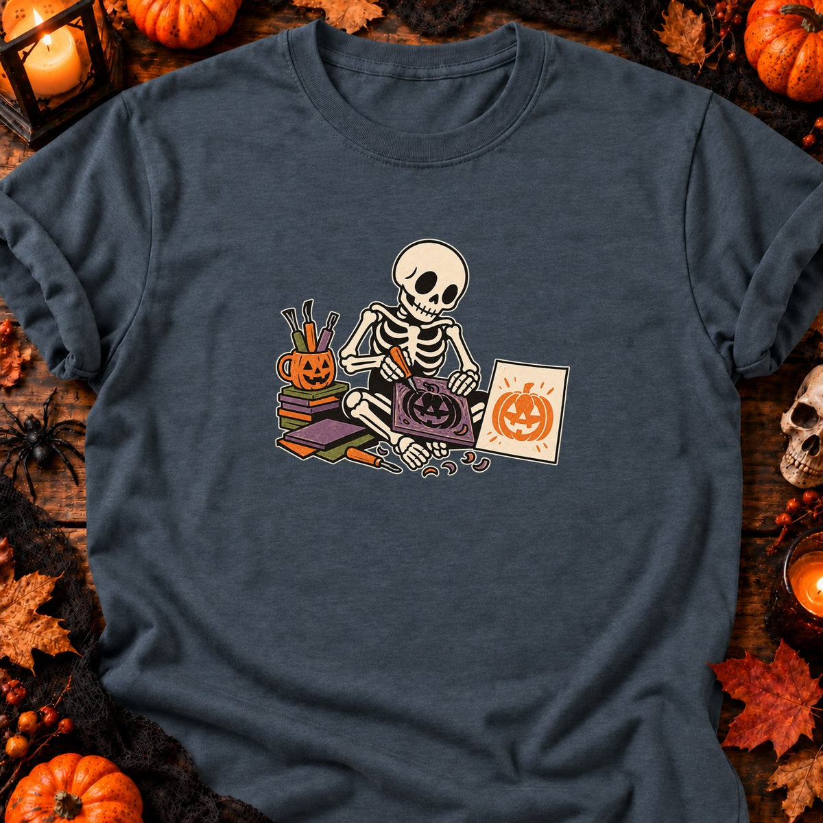 Squelette graveur de citrouille — T-shirt gris anthracite chiné