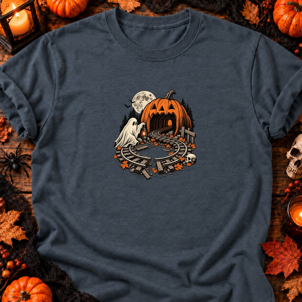 Fantôme et circuit de train d’Halloween — T-shirt gris anthracite chiné