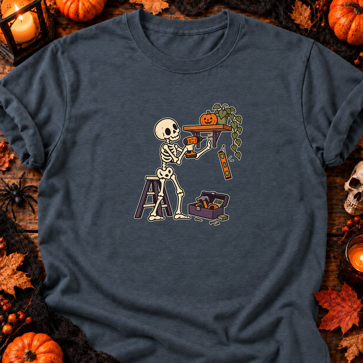 Squelette bricoleur et étagère de travers — T-shirt gris anthracite chiné