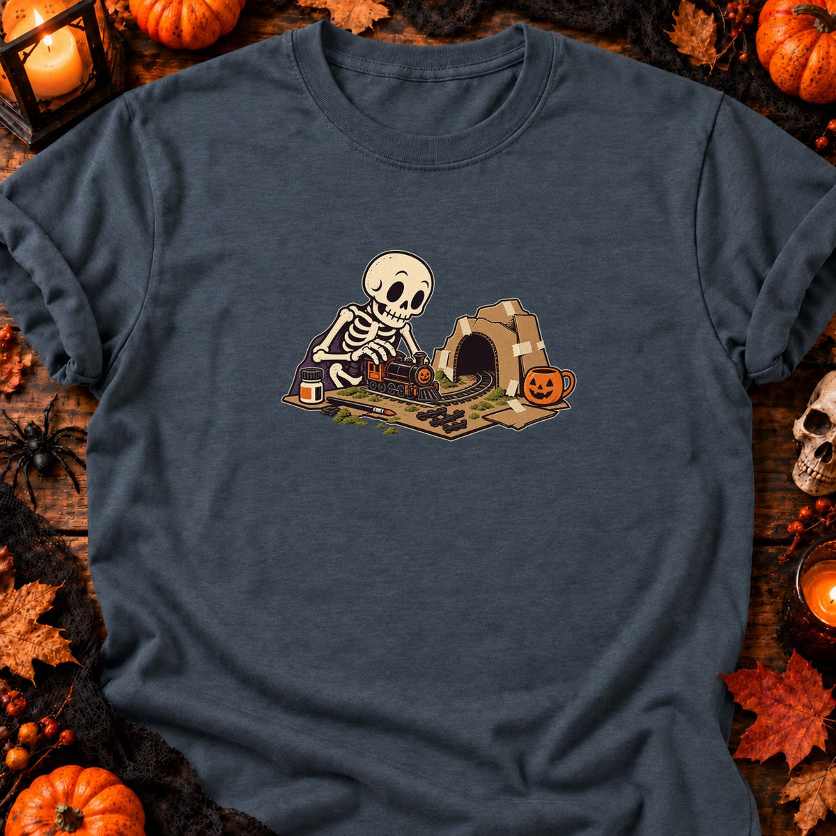 Squelette et train miniature — T-shirt gris anthracite chiné