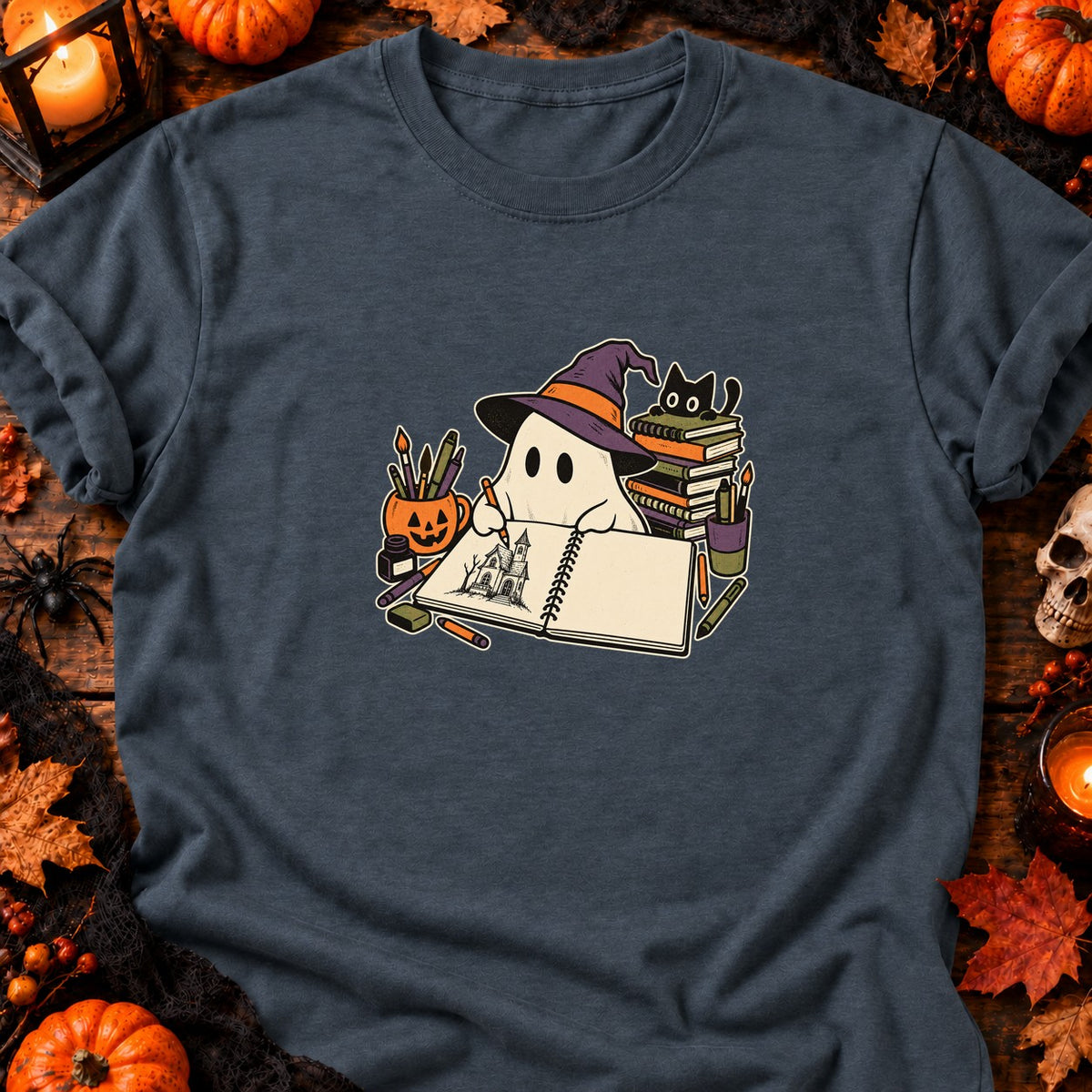 Fantôme dessinateur et carnet vide — T-shirt gris anthracite chiné