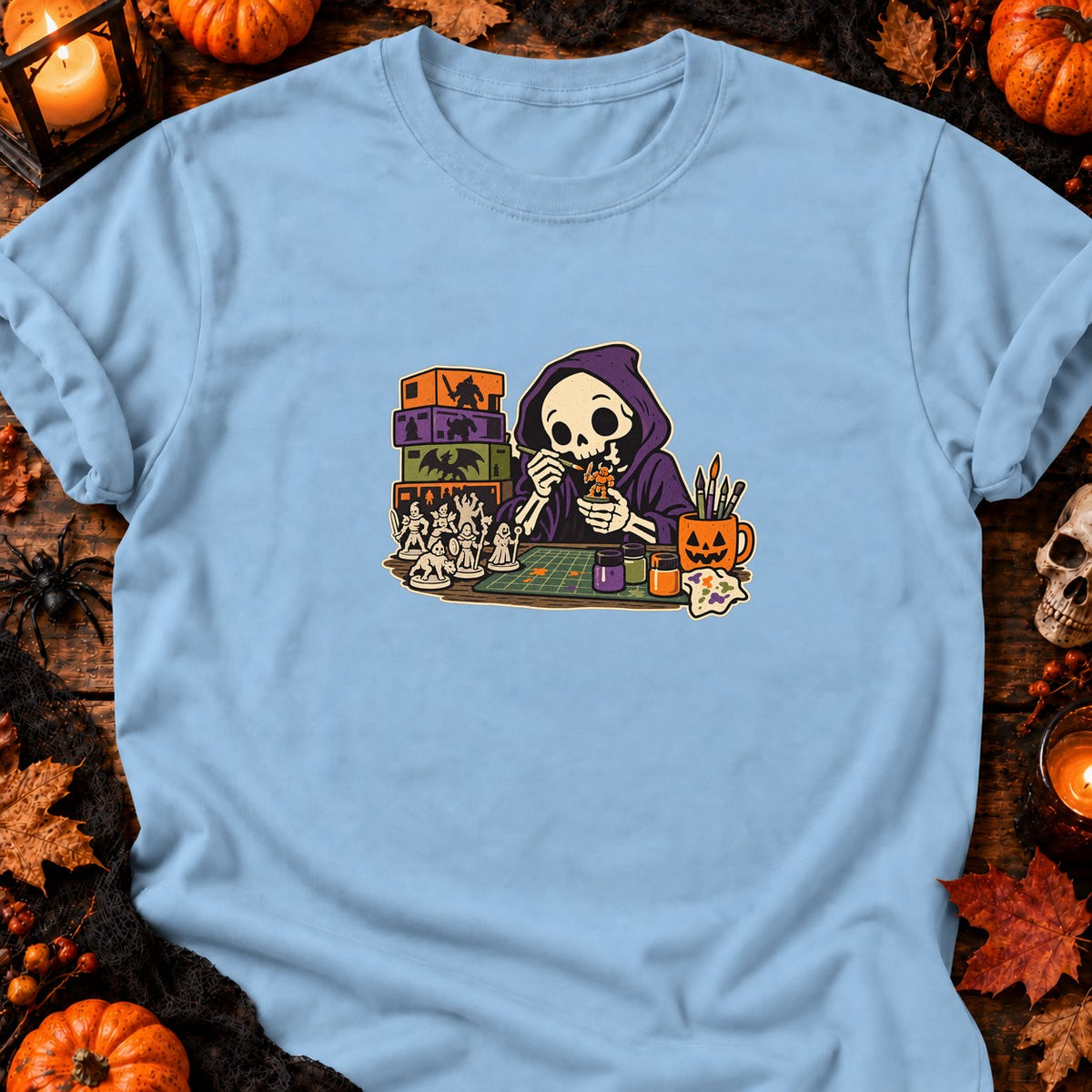 Squelette peintre de figurines — T-shirt bleu clair