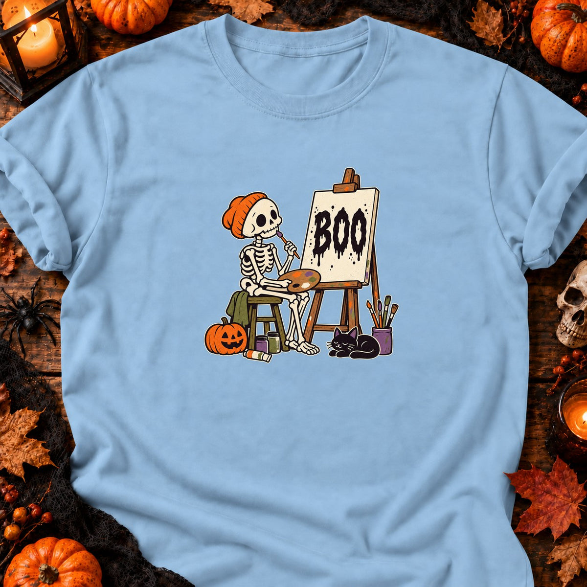 Squelette peintre Boo — T-shirt bleu clair