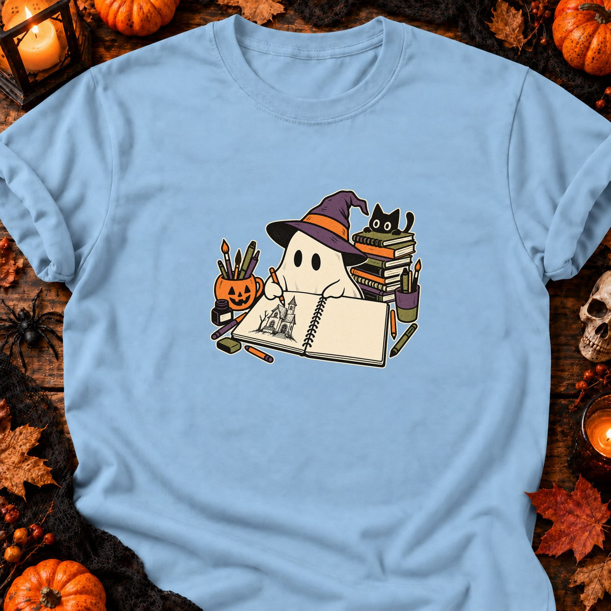 Fantôme dessinateur et carnet vide — T-shirt bleu clair