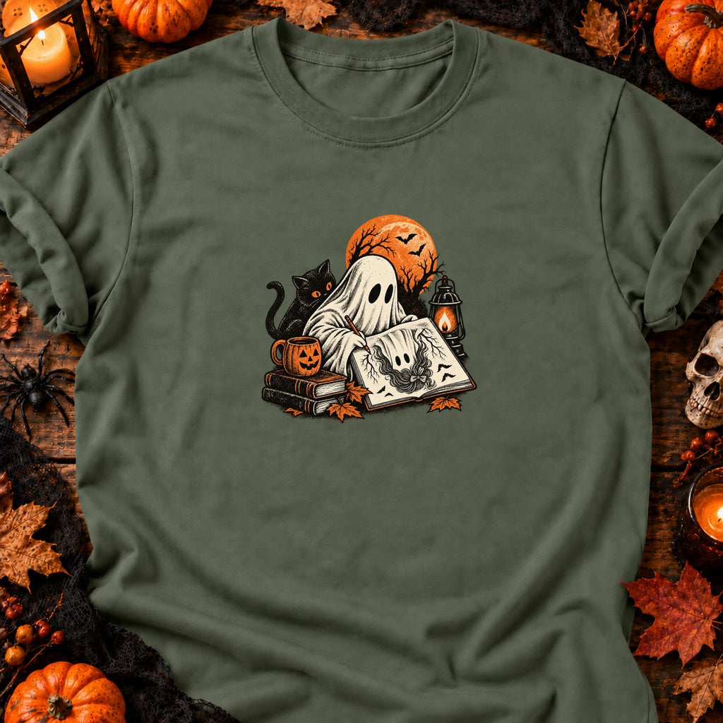 Fantôme dessinateur de maison hantée — T-shirt vert militaire