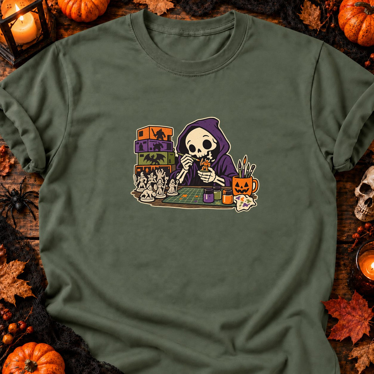 Squelette peintre de figurines — T-shirt vert militaire