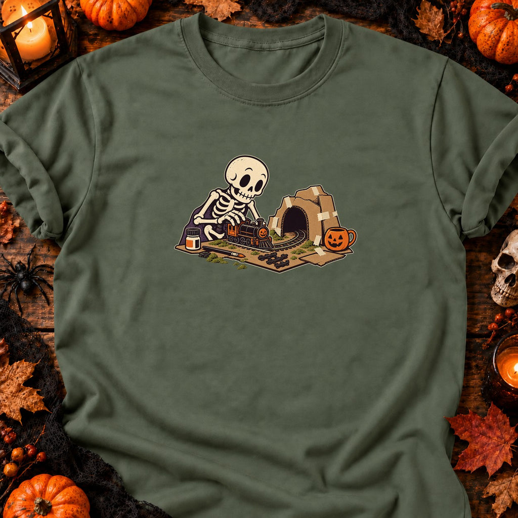 Squelette et train miniature — T-shirt vert militaire