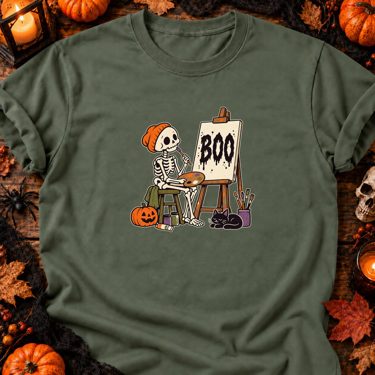 Squelette peintre Boo — T-shirt vert militaire