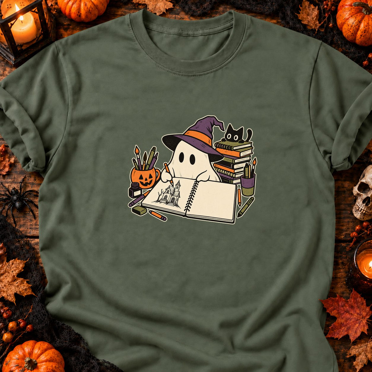 Fantôme dessinateur et carnet vide — T-shirt vert militaire