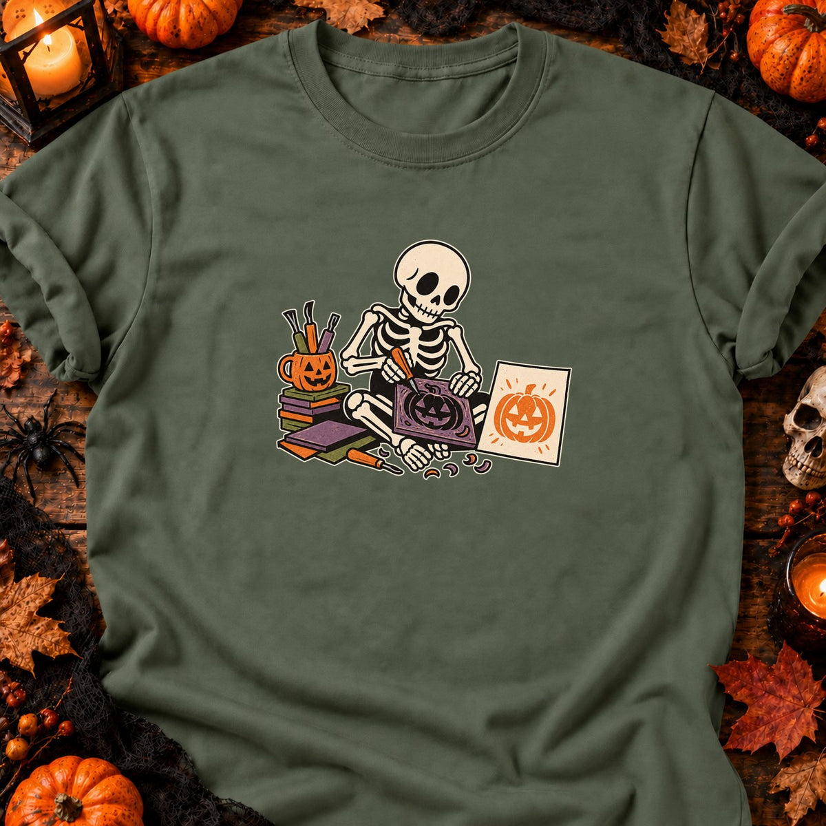 Squelette graveur de citrouille — T-shirt vert militaire