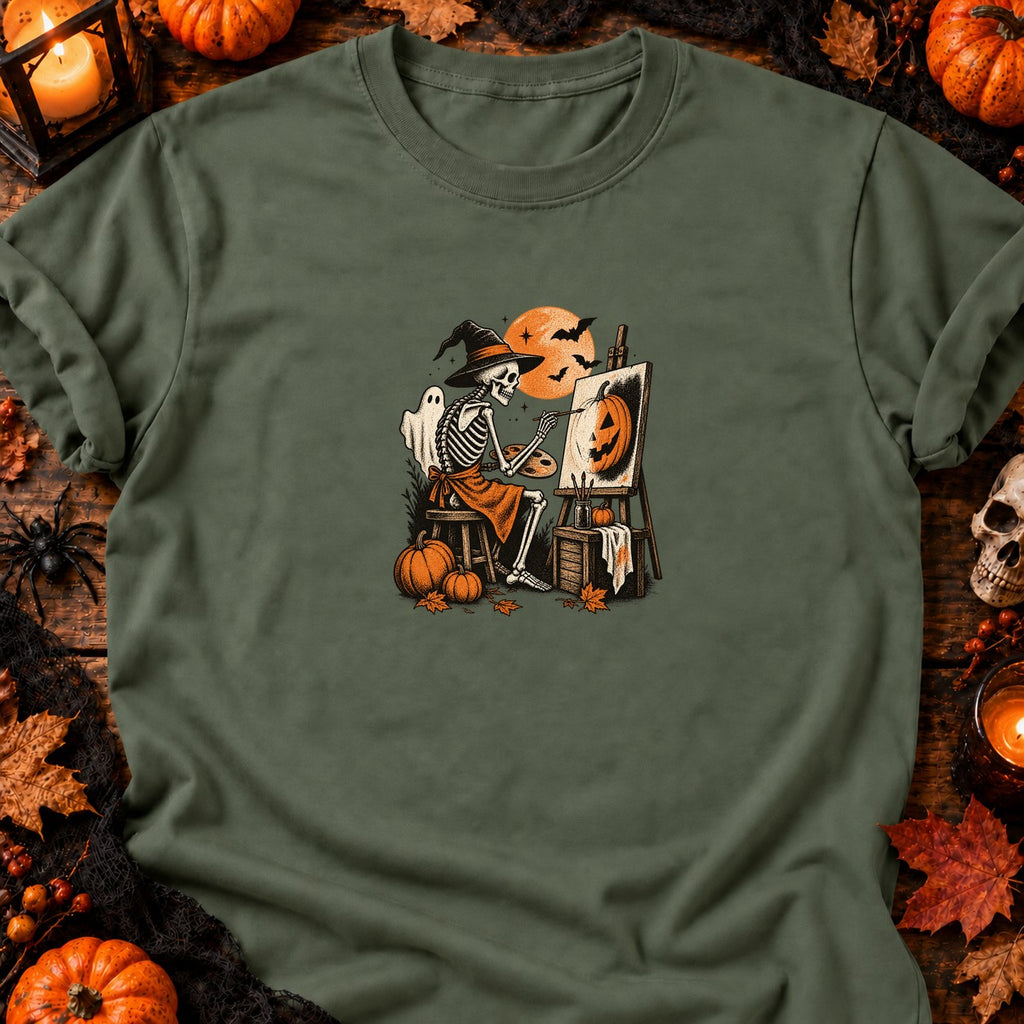 Squelette peintre citrouille vintage — T-shirt vert militaire