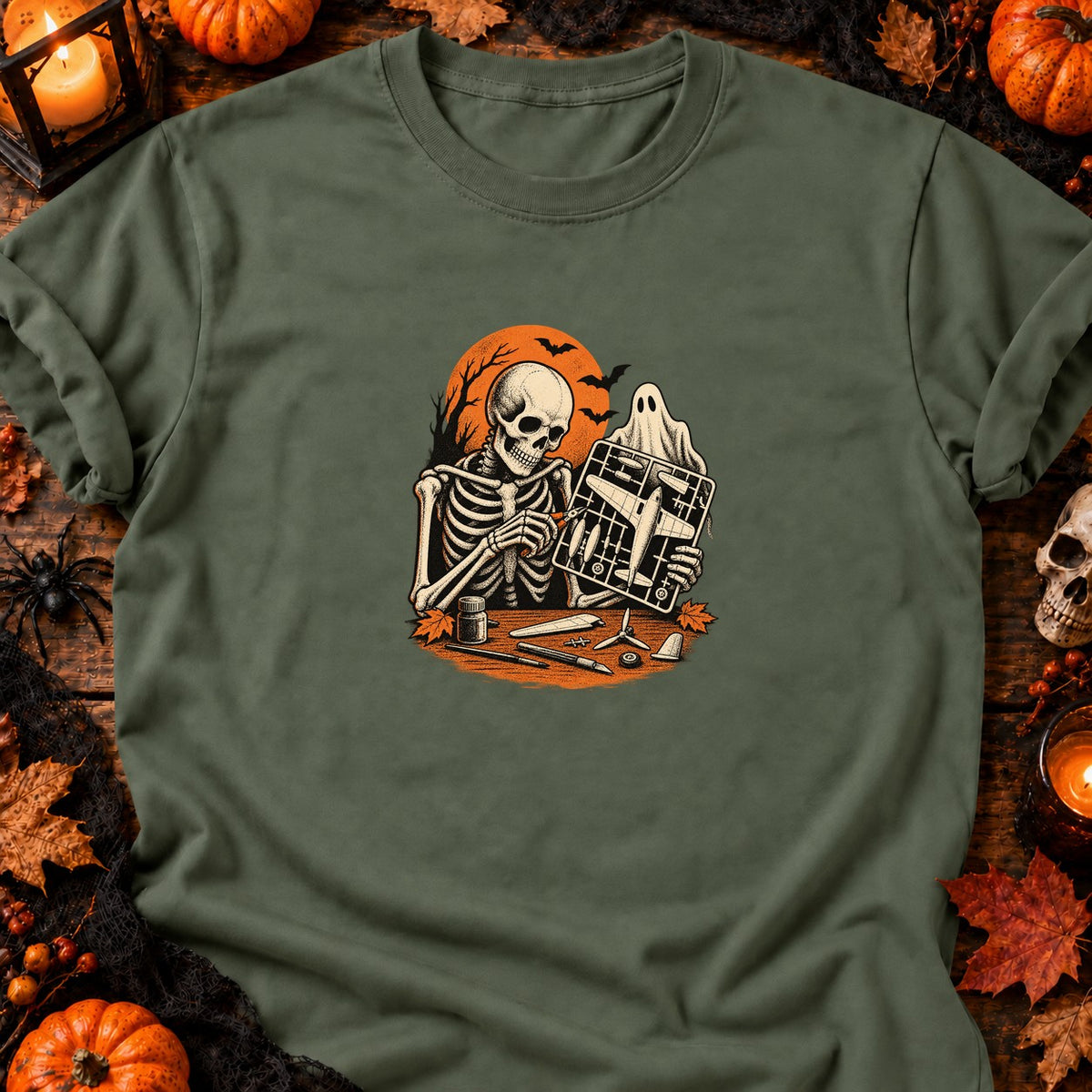Squelette maquettiste avion vintage — T-shirt vert militaire