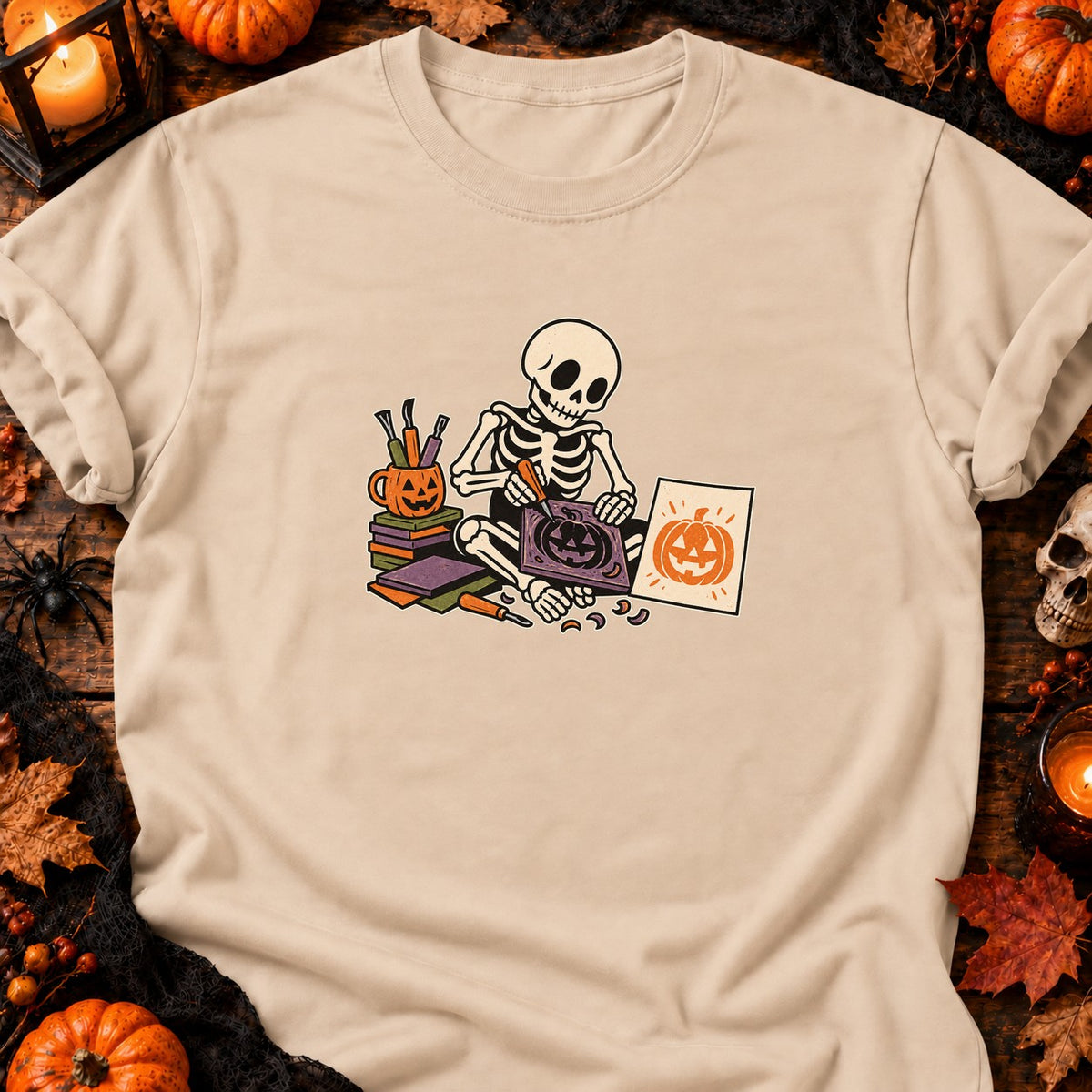 Squelette graveur de citrouille — T-shirt naturel