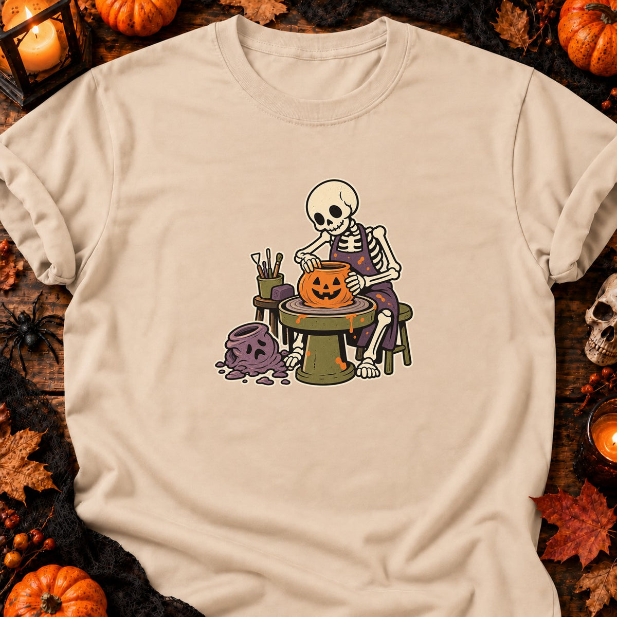 Squelette potier et citrouille — T-shirt naturel