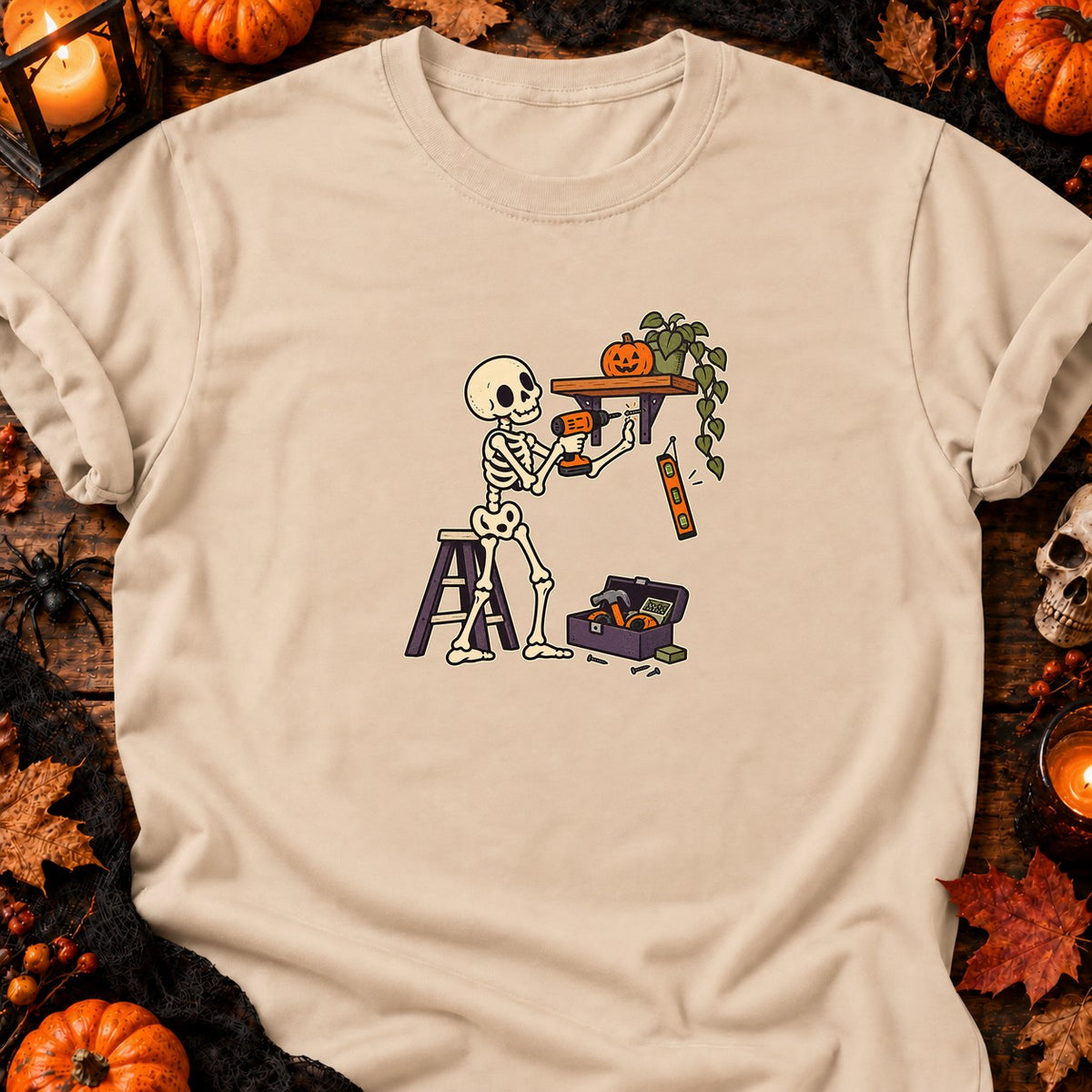 Squelette bricoleur et étagère de travers — T-shirt naturel