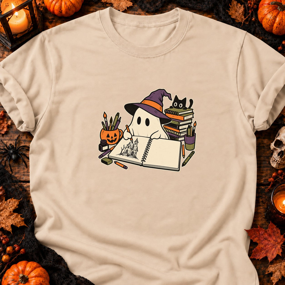 Fantôme dessinateur et carnet vide — T-shirt naturel