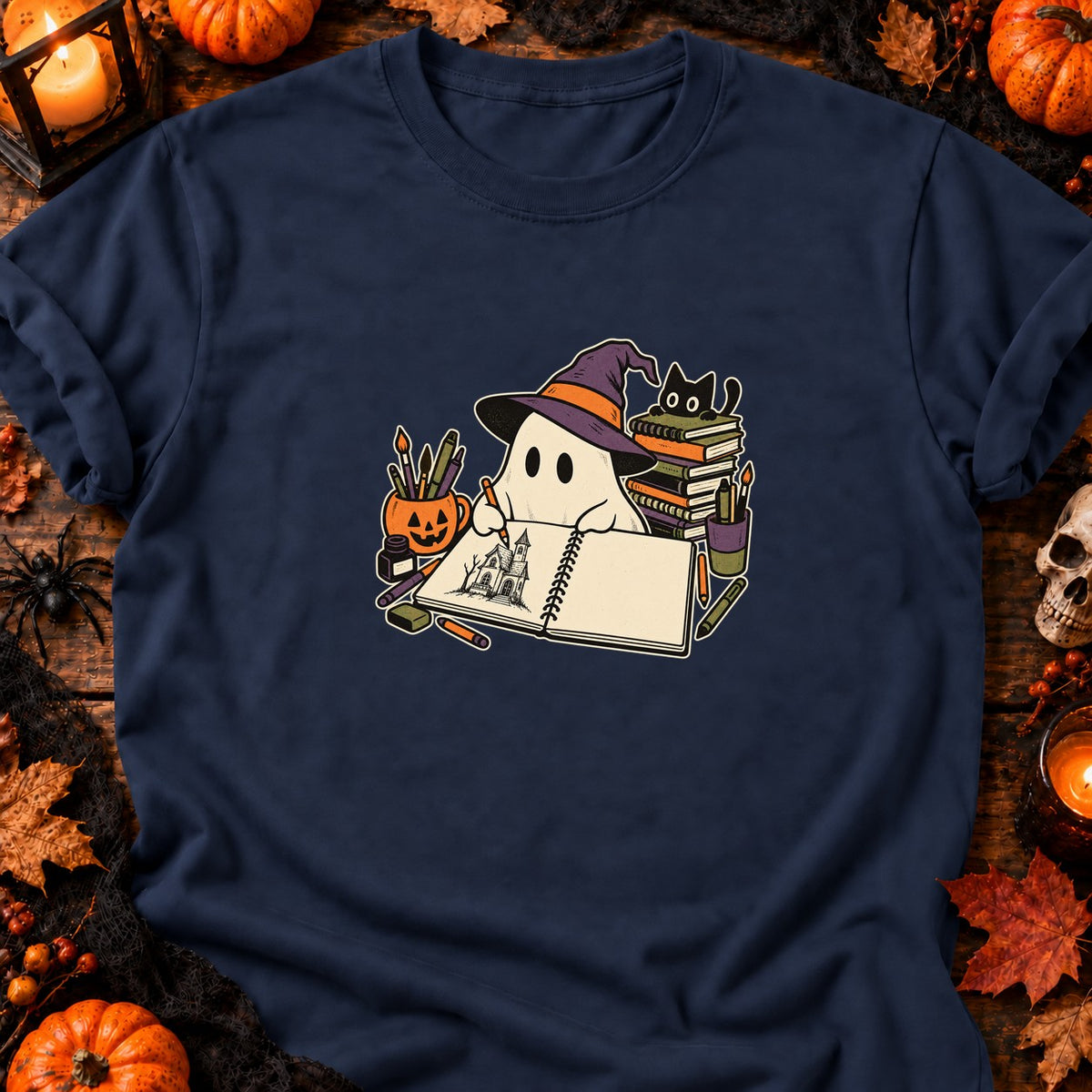 Fantôme dessinateur et carnet vide — T-shirt bleu marine