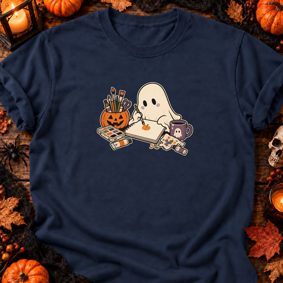 Fantôme peignant une citrouille — T-shirt bleu marine