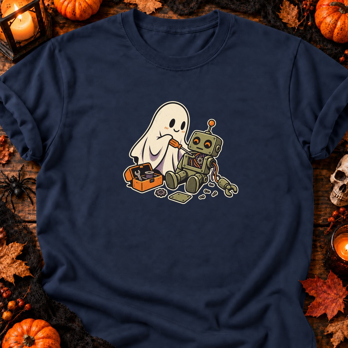 Fantôme réparant un robot — T-shirt bleu marine