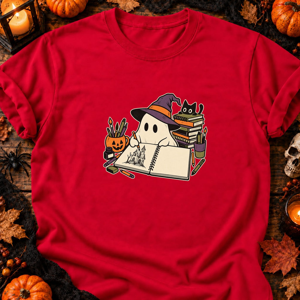 Fantôme dessinateur et carnet vide — T-shirt rouge