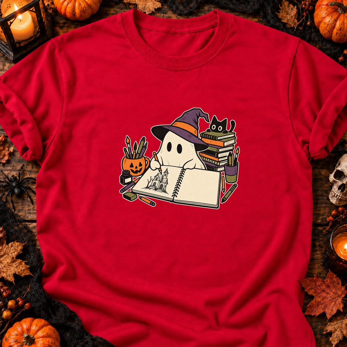 Fantôme dessinateur et carnet vide — T-shirt rouge
