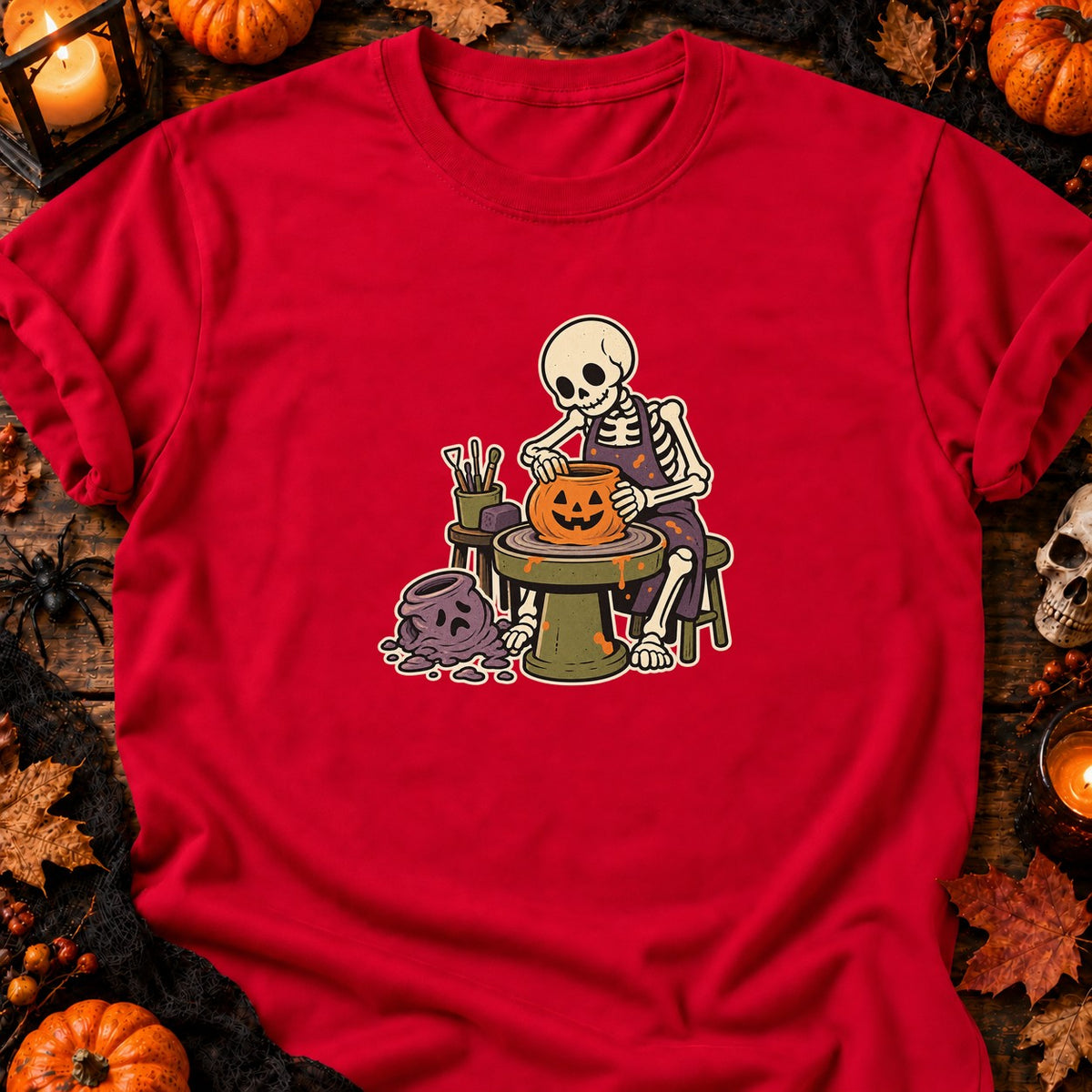 Squelette potier et citrouille — T-shirt rouge