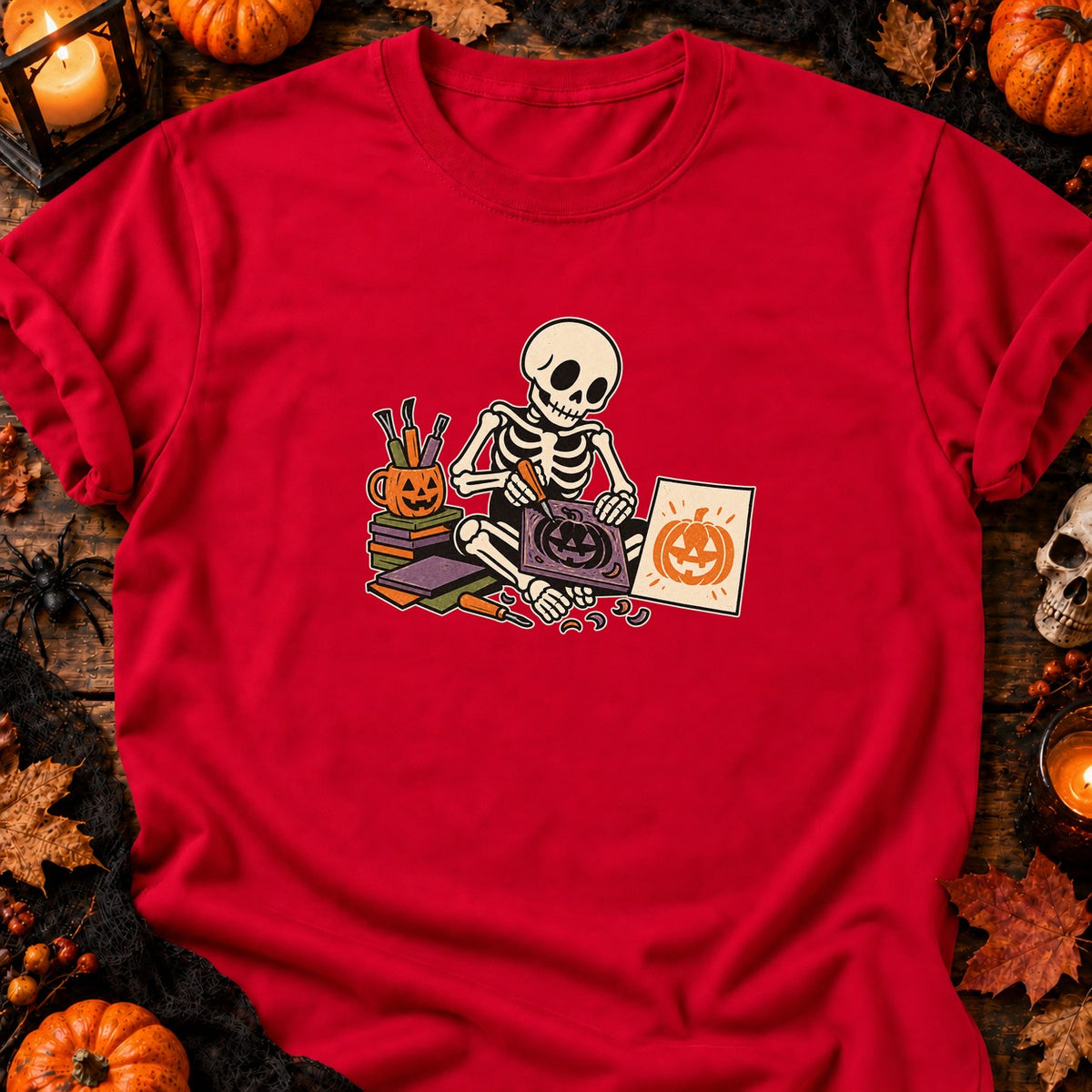 Squelette graveur de citrouille — T-shirt rouge