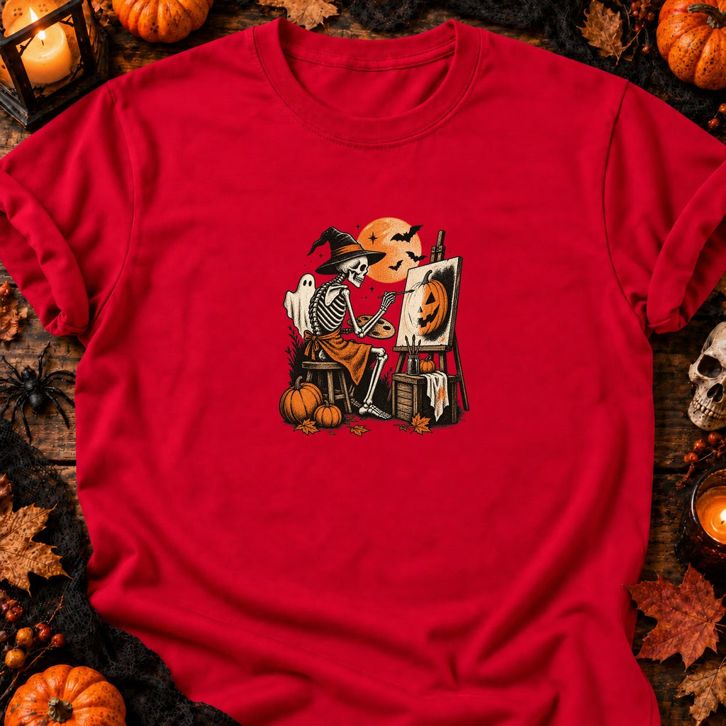 Squelette peintre citrouille vintage — T-shirt rouge