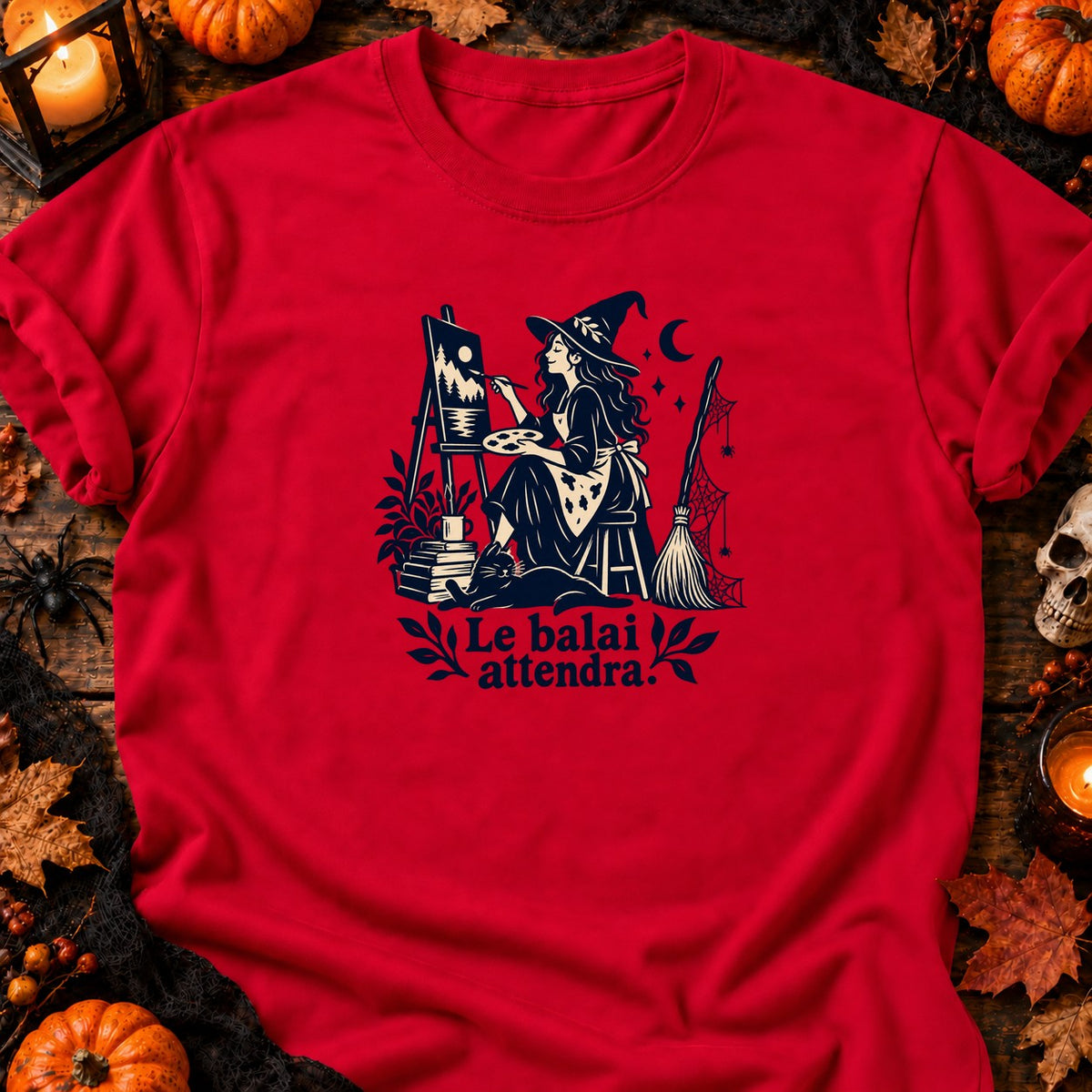 Sorcière artiste — Le balai attendra — T-shirt rouge