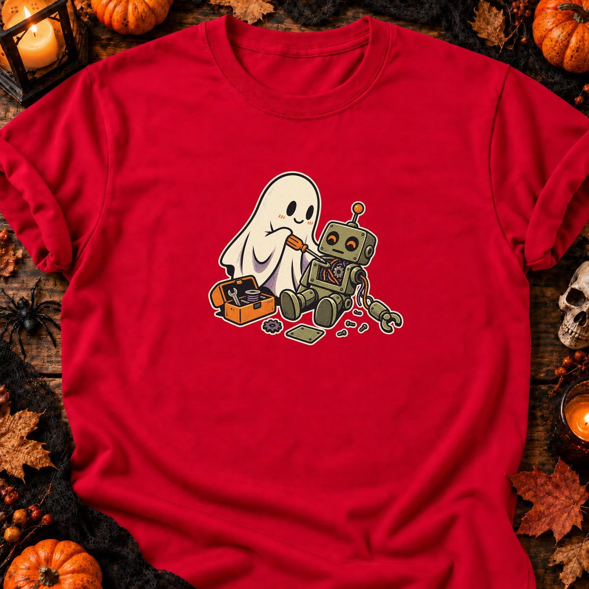 Fantôme réparant un robot — T-shirt rouge