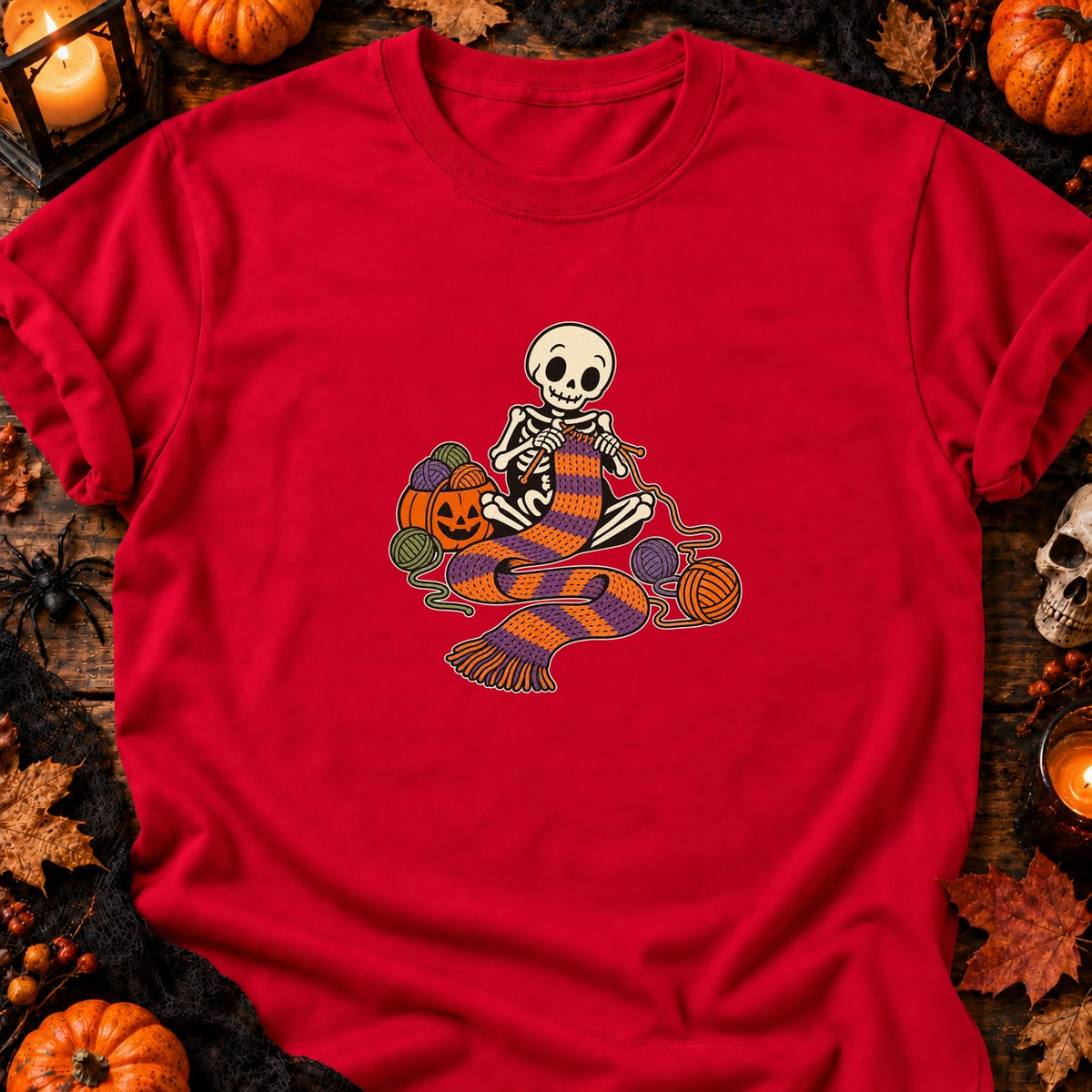 Squelette tricoteur d’Halloween — T-shirt rouge