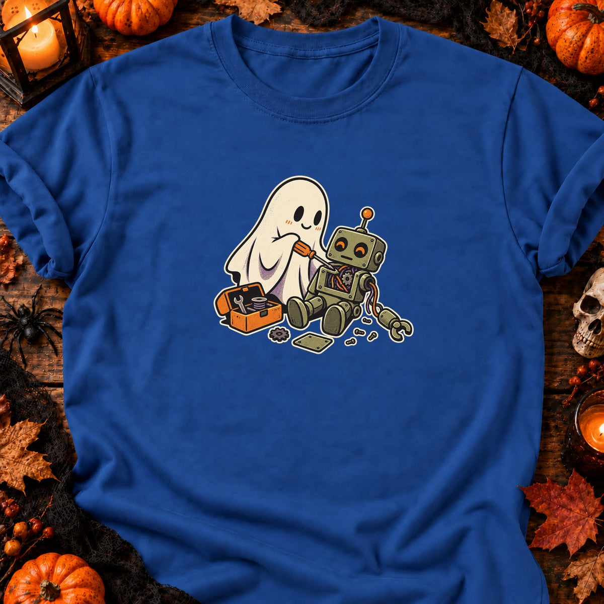 Fantôme réparant un robot — T-shirt bleu roi