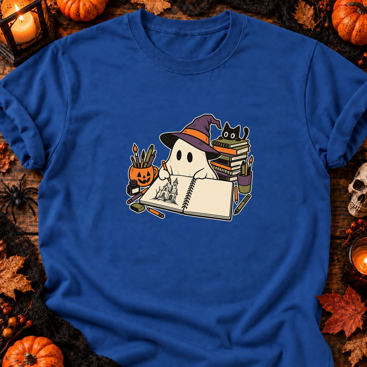 Fantôme dessinateur et carnet vide — T-shirt bleu roi