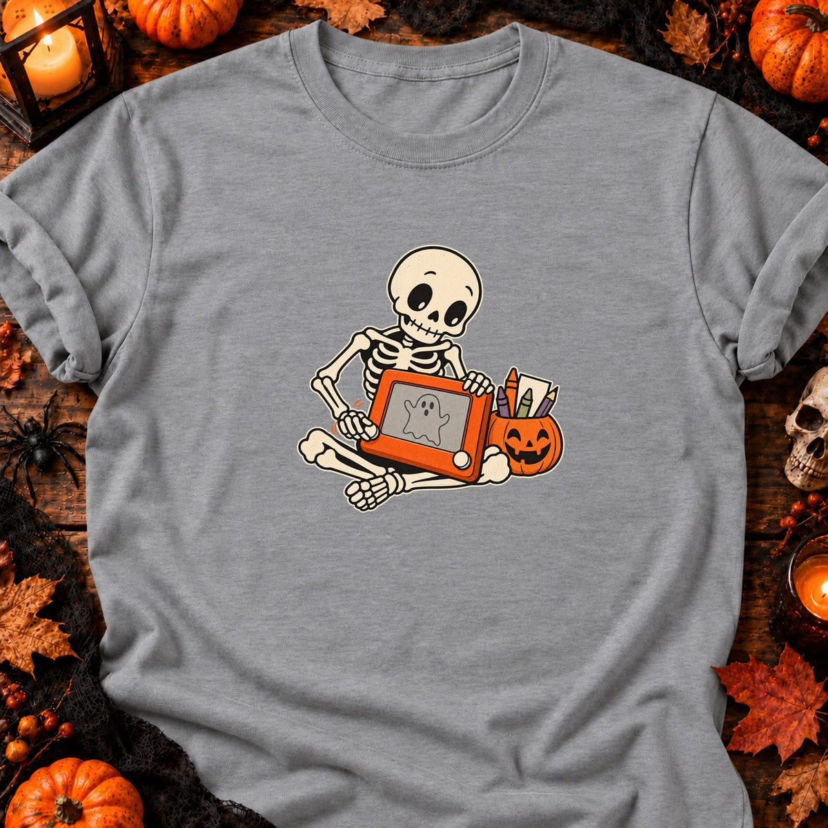 Squelette et tableau magique Halloween — T-shirt gris chiné