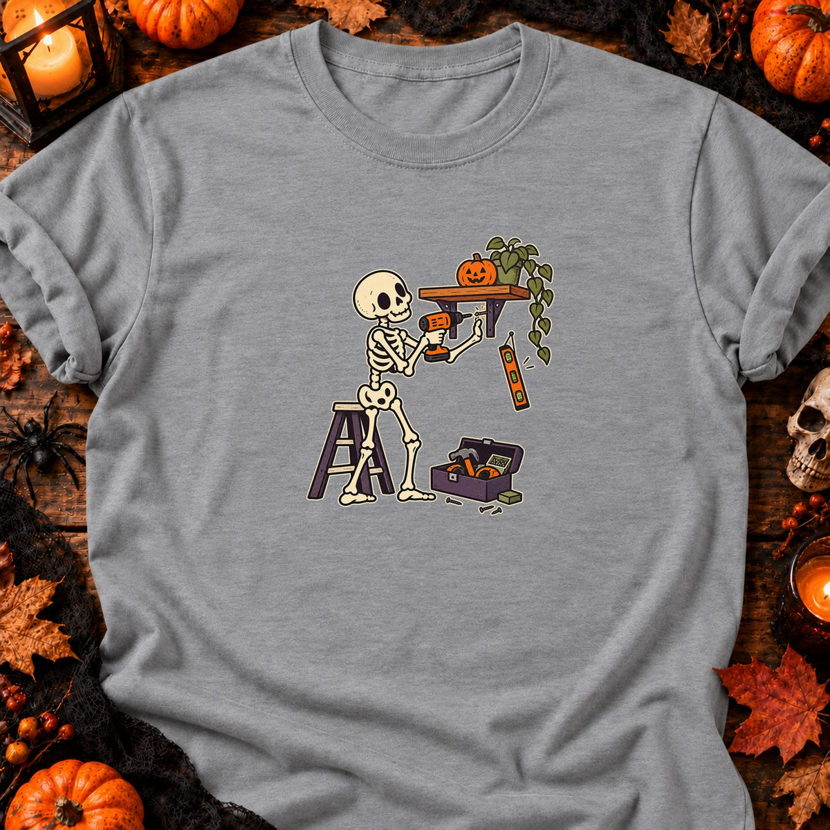 Squelette bricoleur et étagère de travers — T-shirt gris chiné