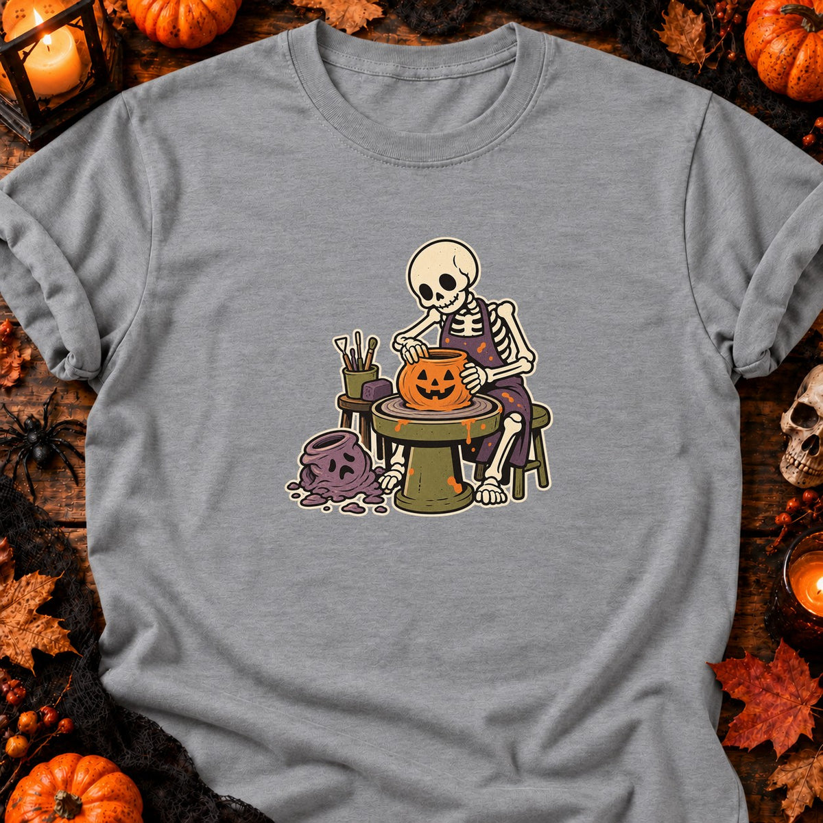 Squelette potier et citrouille — T-shirt gris chiné