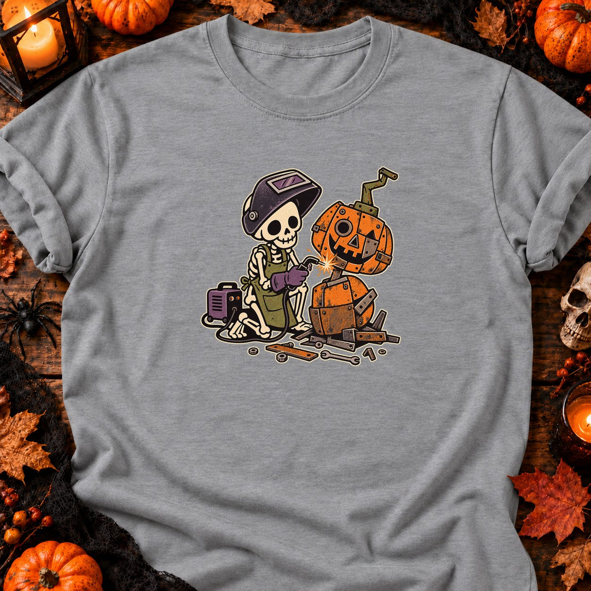 Squelette soudeur de citrouille — T-shirt gris chiné