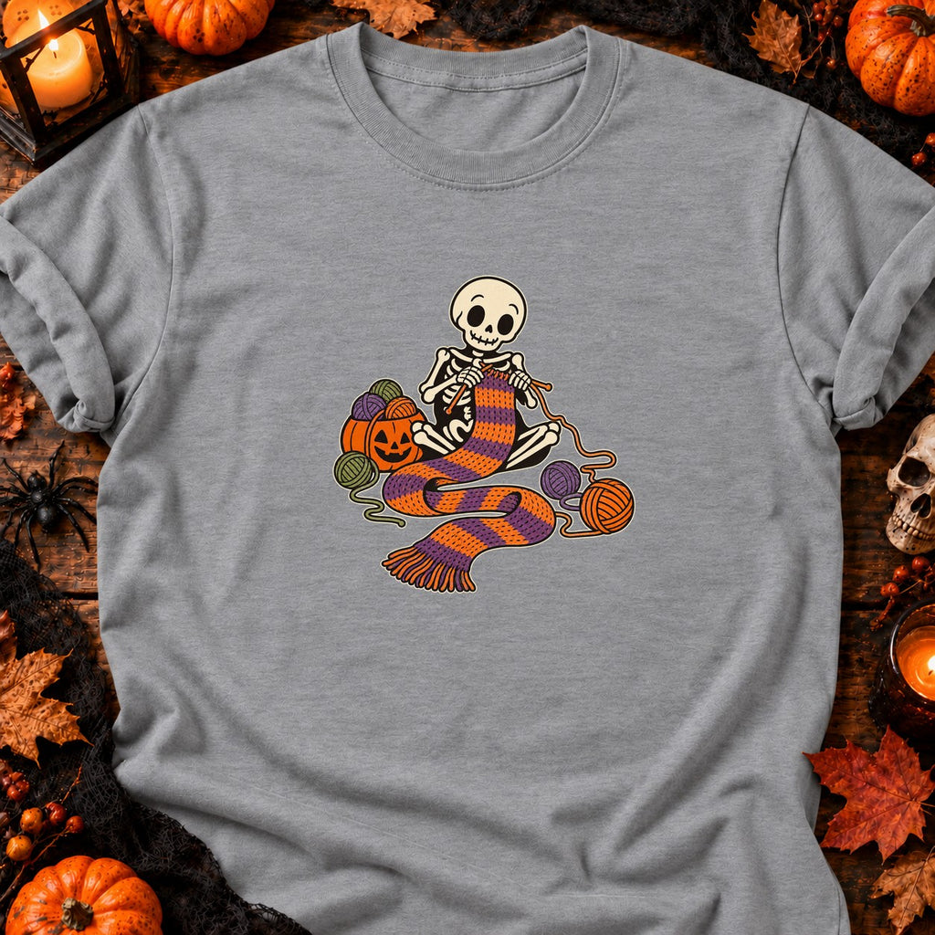 Squelette tricoteur d’Halloween — T-shirt gris chiné