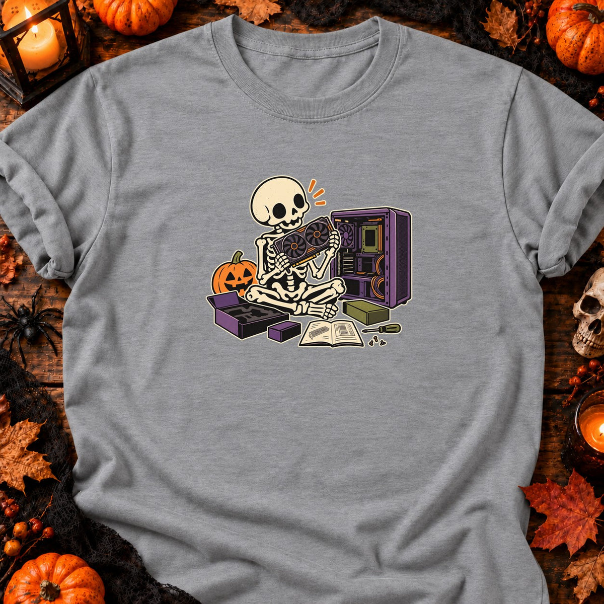 Squelette assemblant son PC — T-shirt gris chiné